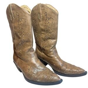 Roper Alisa Size 11 Tan Faux Leather Snip Toe Embellished Inlay Cowgirl Boots
